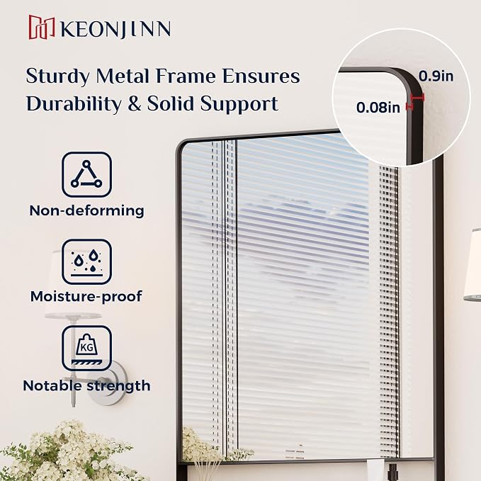 Keonjinn 18 x 28 Inch Black Bathroom Mirror with Shelf, Rust-Resistant | Rounded Corner, Rectangle Metal Bathroom Vanity Mirror with Storage, French Cleat Mount, Entryway, Bedroom, Hallway, Décor