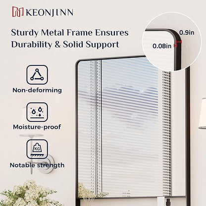 Keonjinn 22 x 30 Inch Black Bathroom Mirror with Shelf, Rust-Resistant | Rounded Corner, Rectangle Metal Bathroom Vanity Mirror with Storage, French Cleat Mount, Entryway, Bedroom, Hallway, Décor