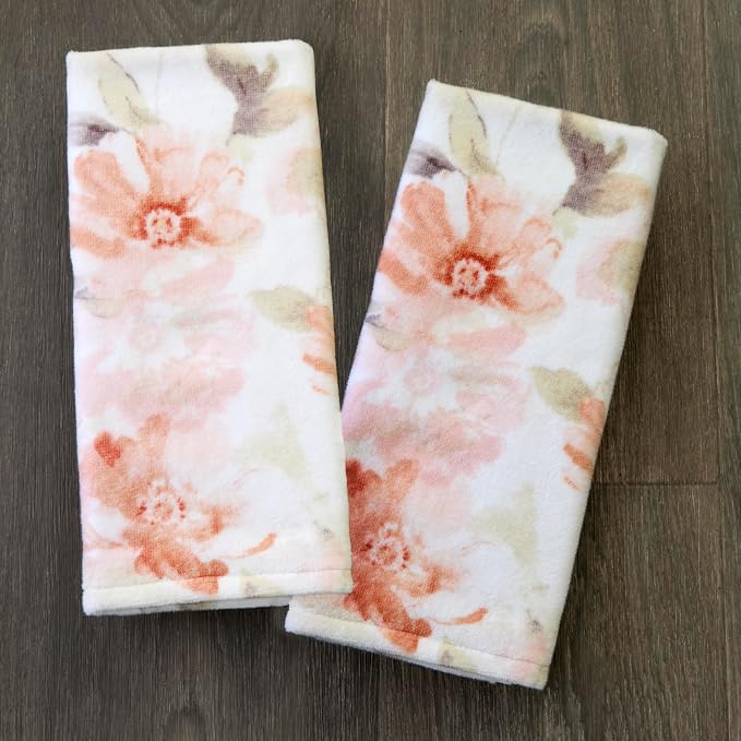SKL Home Misty Floral Hand Towel Set-2pc, 100% Cotton, Blush | Soft, printed velour. Great for use in the bathroom, kitchen, bar, or any sink space & gifting.