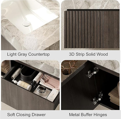 36" Floating Bathroom Vanity with Sink, Modern Plywood Storage Cabinet with Drawer and Door, Light Gray Sintered Stone Top and 3 Pre-drilled Faucet Holes Ceramic Basin, Pre-Assembled, Espresso