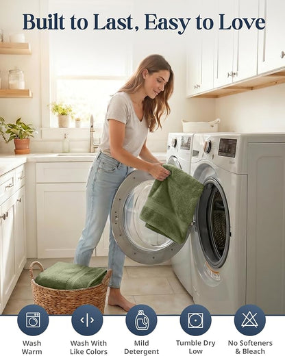LANE LINEN Bath Towel Set 100% Cotton 6 Piece Soft Absorbent - Oil Green | Bath Towels Set Of 6 - Densely Woven, Coordinated Colors, Dobby Border Accent, OEKO-TEX Certified, Ring-Spun Durability