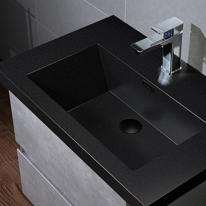 WOODBRIDGE 30 in. W x 19 in. D Wall Mounted Floating Bathroom Vanity in Gray with Quartz Sand Composite Vanity Top in Matte Black