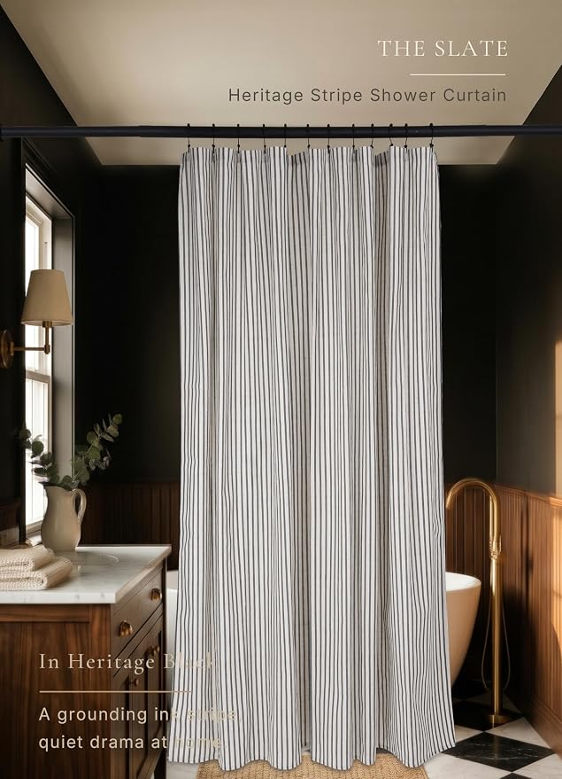 Farmhouse Striped Shower Curtain - Extra Long 72x84 Inches, Linen Blend Fabric, Breathable & Machine Washable, Rustic Black for Bathroom Decor (Hooks/Liner Not Included)