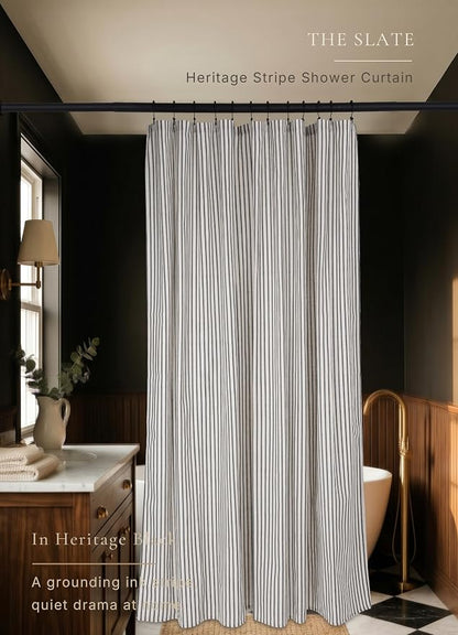 Farmhouse Striped Shower Curtain - Extra Long 72x84 Inches, Linen Blend Fabric, Breathable & Machine Washable, Rustic Black for Bathroom Decor (Hooks/Liner Not Included)