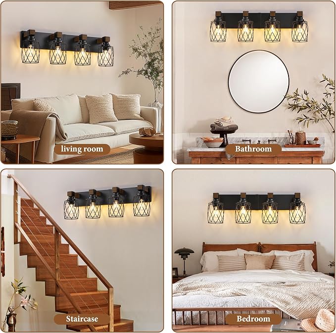 Farmhouse 4-Light Wood Bathroom Vanity Light, Black Metal Cage Shade | Mounted Over Mirror, Industrial Rustic Style, Ideal for Bathroom, Bedroom, Hallway & Living Room, Easy To Install