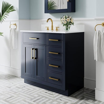 36-Inch Bathroom Vanity with Sink W/ 2 Doors & 4 Drawers & 1 Flip Drawer, Navy Blue Vanity W/Brushed Gold Handles