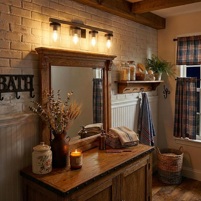 Rustic Vintage Wall Sconce, Farmhouse Vanity Light, Bathroom Wood Wall Light Over Mirror with Seedy Glass Shade.(Pinewood, 4-Light)