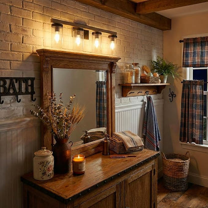 Rustic Vintage Wall Sconce, Farmhouse Vanity Light, Bathroom Wood Wall Light Over Mirror with Seedy Glass Shade.(Pinewood, 4-Light)