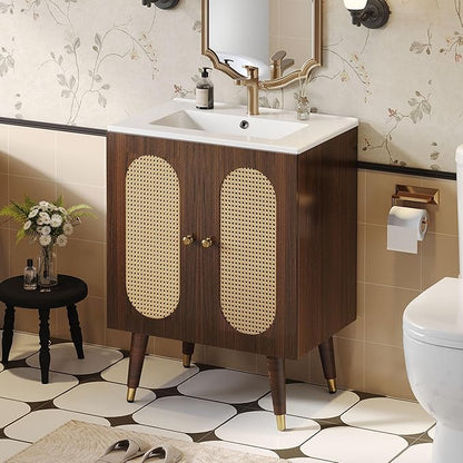 DWVO 24 Inch Rattan Vanity with Sink, Small Freestanding Bathroom Vanity Cabinet, Boho Style with 2 Large Soft-Closing Doors & Four-Sided Water Barrier Strip, Walnut