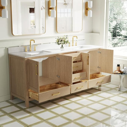 80-Inch Bathroom Vanity with Sink, 4 Soft-Close Doors and 6 Soft-Close Drawers, Bathroom Freestanding Vanity with Cultured Marble Countertop, Oak Vanity W/Gold Handles