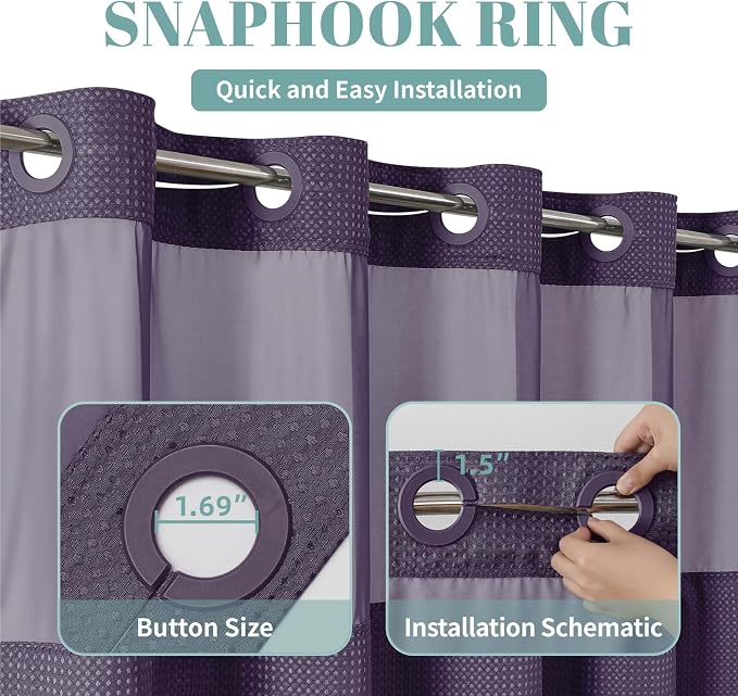 eachope No Hook Waffle Shower Curtain with Snap-in Liner, 71x74 Inch,Purple | 230 GSM waffle weave fabric, waterproof liner set with 2 bottom magnets, mesh top window, washable, for bathroom or hotel use