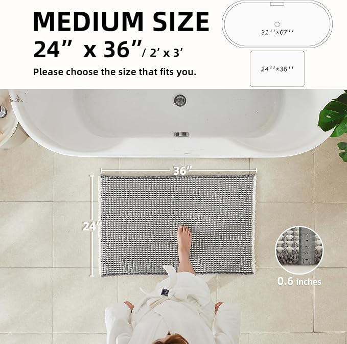 TYUU Waffle Bath Mat, Boho Bathroom Rugs Non Slip, 36x24 Grey & White | Super Absorbent Quick Dry Bath Rug, Non-Slip Backing, Soft Waffle Washable Farmhouse Bathroom Mats, Tub, Shower & Home Decor