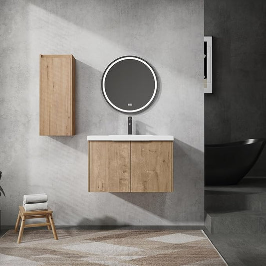 Henf 30" Floating Bathroom Vanity with Sink for Compact Space, Brown Wall Mount Bathroom Vanity Cabinet with Sink Combo, 30 Inch Bathroom Vanities Set with Side Cabinet Floating Cabinet
