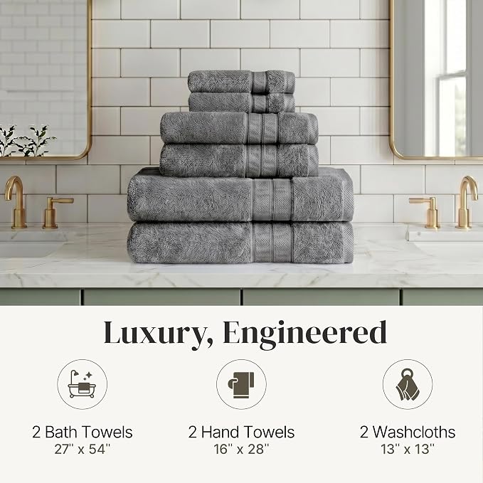 Modern Threads - Spun Loft 6-Piece 100% Combed Cotton Towel Set - Bath Towels, Hand Towels, & Washcloths - Super Absorbent & Quick Dry - 600 GSM - Soft & Plush, Charcoal