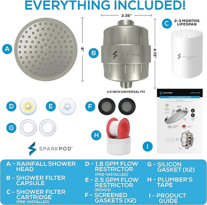 SparkPod Filtered Shower Head, 23-Stage, 8" Round, Brushed Nickel | Showerhead for Hard Water, High Pressure, Reduces Chlorine, Heavy Metals, For Dry Skin & Hair, Removable Capsule Filter