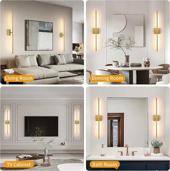 Gold Battery Operated Wall Sconces, Dimmable Wall Sconces with Remote Control, Rechargeable Sconces Wall Lighting, 24″ LED Wireless Wall Lights for Bedroom, Living Room, Bathroom, Hallways