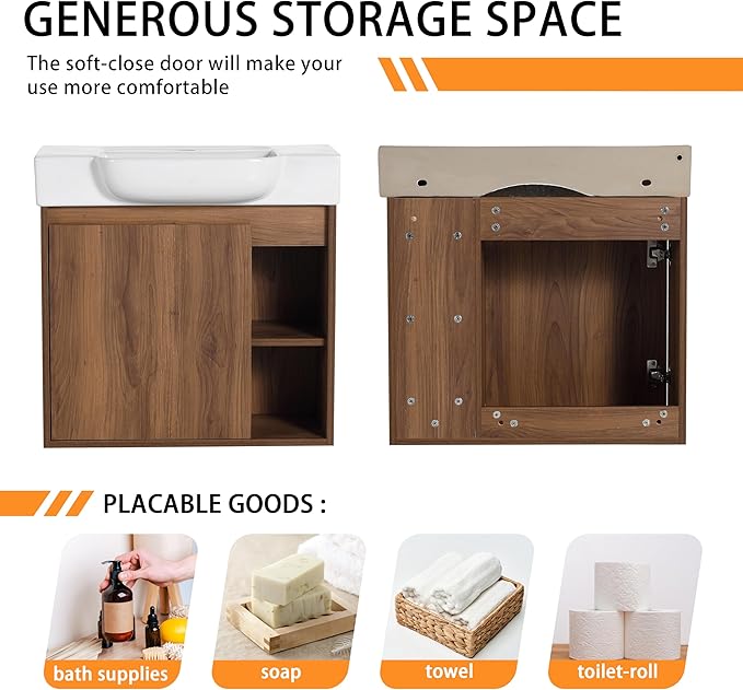 24" Wall-Mounted Bathroom Vanity with Ceramic Sink, 24 inch Floating Single Sink Vanity Cabinet Modern Brown 1-Door Design with Storage Shelf (Space-Saving for Small Bathrooms)