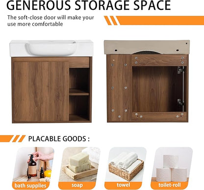 24" Wall-Mounted Bathroom Vanity with Ceramic Sink, 24 inch Floating Single Sink Vanity Cabinet Modern Brown 1-Door Design with Storage Shelf (Space-Saving for Small Bathrooms)