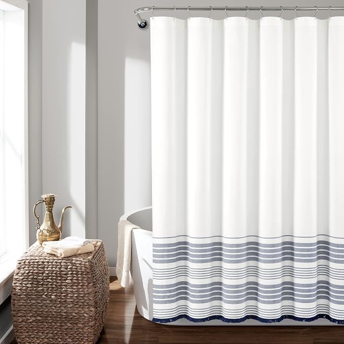 Lush Decor Nantucket Yarn Dyed Cotton Blend Tassel Fringe Shower Curtain Single 72" W x 72" L White & Navy - White Shower Curtains for Bathroom Curtain