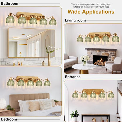 Gold Vanity Light, Vintage Tulip Green Glass Shade, Antique Brass Finish | 5 Light Brushed Gold Bathroom Light Fixtures, Crystal Wall Sconce, Mounted Over Mirror for Bedroom Hallway, Easy to Install