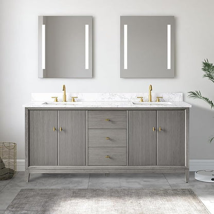 Vanity Art 72" Bathroom Vanity with Double Sink & Arabescato White Engineered Stone Top, Vanity Cabinet with Soft Closing Door, Solid Wood Frame, Golden Brushed Handles, Driftwood Gray VA8172D-DG-GB