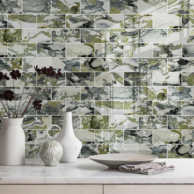 Vamos Tile 100-Piece Glossy Ice Green Peel and Stick Backsplash Tile,3''x6'' PVC Subway Tile with White Grout,Stick on Backsplash for Kitchen/Bathroom/Fireplace