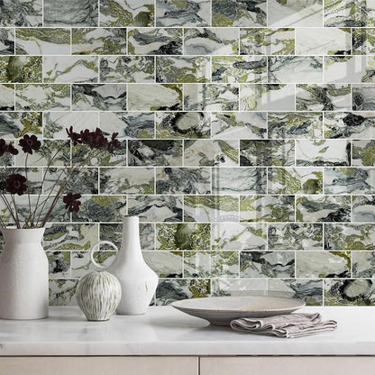 Vamos Tile 100-Piece Glossy Ice Green Peel and Stick Backsplash Tile,3''x6'' PVC Subway Tile with White Grout,Stick on Backsplash for Kitchen/Bathroom/Fireplace