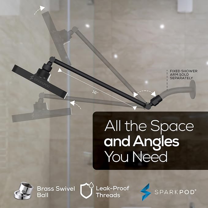 SparkPod 6" Square Rain Shower Head with 16" Shower Arm | Shower Head & Extension Arm Combo, Height Adjustable, High Pressure Performance, Easy 1-Minute Installation, Black Matte