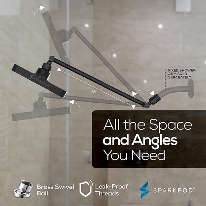 SparkPod 6" Square Rain Shower Head with 16" Shower Arm | Shower Head & Extension Arm Combo, Height Adjustable, High Pressure Performance, Easy 1-Minute Installation, Black Matte