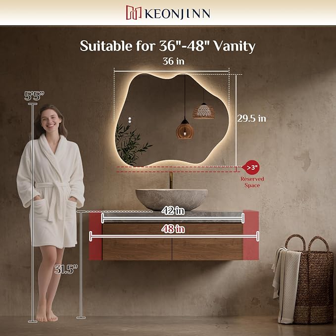 Keonjinn Irregular Backlit Bathroom Mirror 30 x 36 Inch, HD Tempered Glass | Asymmetrical Cloud Bathroom Mirror with Lights, 3 Color Lights, Dimmable, Fast Anti-Fog, Memory Function, Horizontal/Vertical
