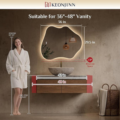 Keonjinn Irregular Backlit Bathroom Mirror 30 x 36 Inch, HD Tempered Glass | Asymmetrical Cloud Bathroom Mirror with Lights, 3 Color Lights, Dimmable, Fast Anti-Fog, Memory Function, Horizontal/Vertical