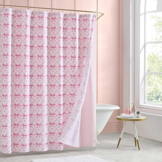 Betsey Johnson - Shower Curtain Set, 72 x 72 Bathroom Curtain with PEVA Shower Liner and 12 Pack Hooks, Soft Textured Polyester Curtain, Festive Bow Trellis Pink