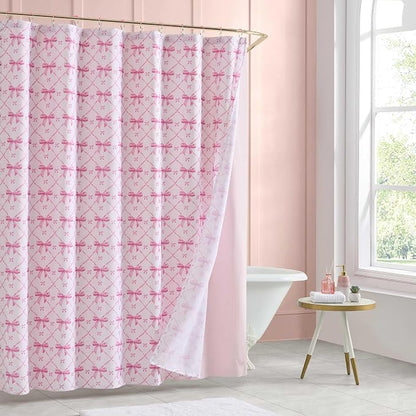 Betsey Johnson - Shower Curtain Set, 72 x 72 Bathroom Curtain with PEVA Shower Liner and 12 Pack Hooks, Soft Textured Polyester Curtain, Festive Bow Trellis Pink