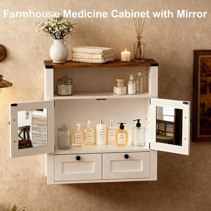 Bathroom Wall Cabinet, Farmhouse Medicine Cabinet with Mirror, Drawer, Barn Doors, Over The Toilet Storage Cabinets Wall Mounted for Bathroom Kitchen Laundry Entrance, Rustic
