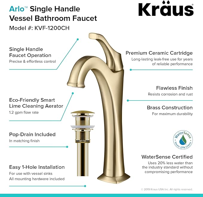 KRAUS KVF-1200BG Arlo™ Brushed Gold Tall Vessel Bathroom Faucet with Pop-Up Drain