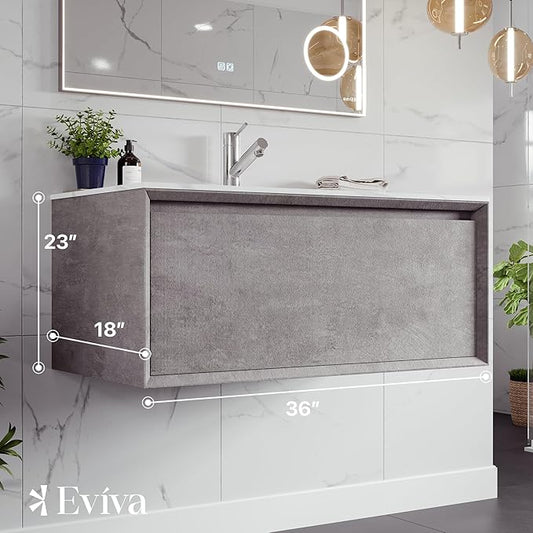 Eviva Aurora 36 in. Concrete Gray Wall Mount Single Sink Bath Vanity with Carrara Quartz Top