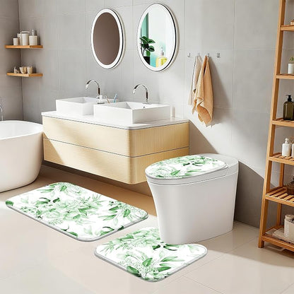 16 Pcs Sage Green Floral Shower Curtain Set with Rugs, Flower Bath Curtains and High Absorbent Non-Slip Mats, Thick 120GSM Fabric Curtain with 12 Metal Hooks (72x72 Inch)