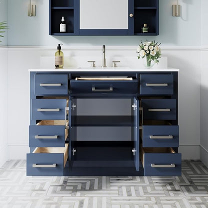48-Inch Bathroom Vanity with Sink W/ 2 Doors & 8 Drawers & 1 Flip Drawer, Navy Blue Vanity W/Brushed Nickel Handles