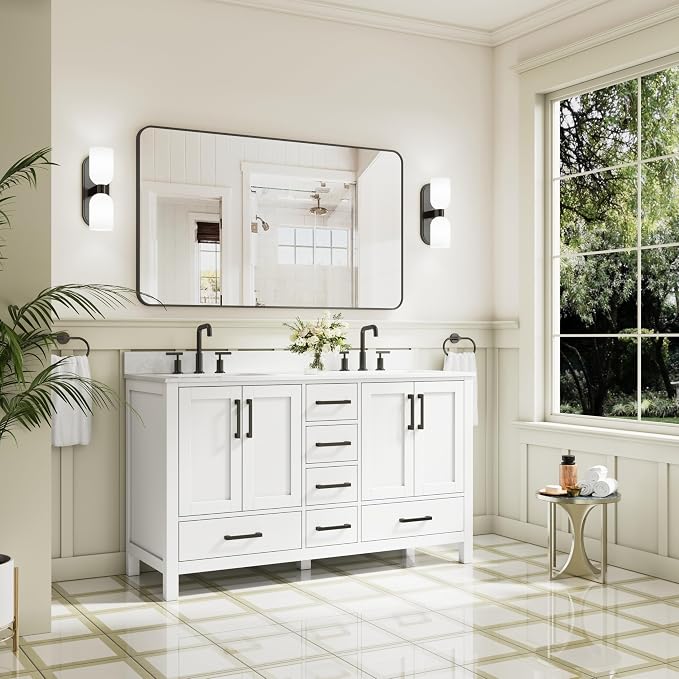 60-Inch Bathroom Vanity with Sink, 4 Soft-Close Doors and 6 Soft-Close Drawers, Bathroom Freestanding Vanity with Cultured Marble Countertop, White Vanity with Matte Black Handles