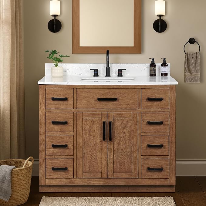 42-inch Dark Walnut Bathroom Vanity with Sink, Solid Wood, 0.79-inch Stone Countertop and Backsplash, 9 Drawers, 2 Soft Closing Doors