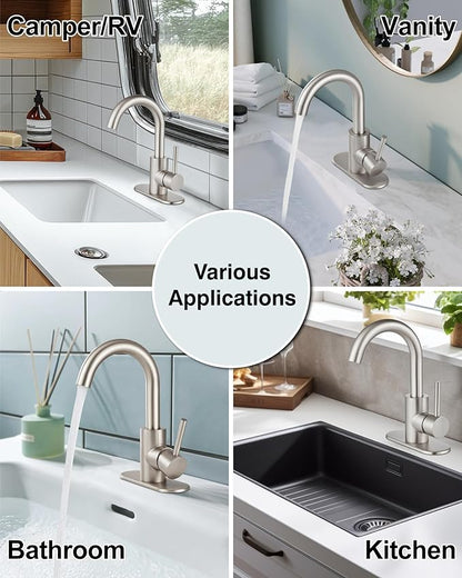 Midanya Single Hole Bathroom Faucet 1 Hole Bar Sink Faucet Suitable for Kitchen RV Vanity,304 Stainless Steel 360° Swivel Spout with Deck Plate and Pop-up Drain,Brushed Nickel