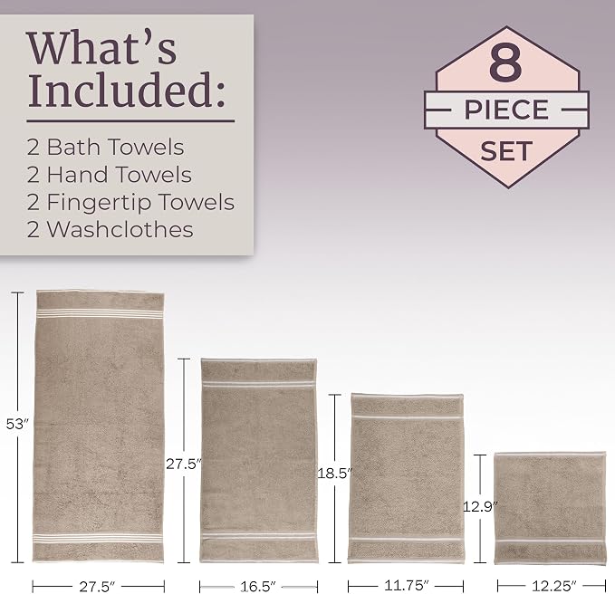 Lavish Home Bathroom Towels Set, Bathroom Essentials, Taupe, Set of 8 | Includes 2 Bath Sheets, 2 Hand Towels, 2 Wash Cloths, 2 Fingertip Sheets, Soft 575 GSM Cotton Set for Shower, Gym, Dorm, Spa