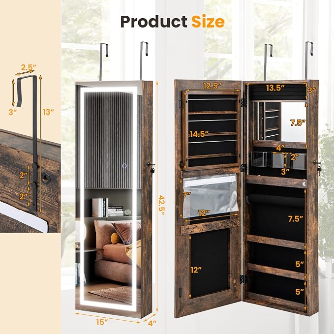 GOFLAME LED Mirror Jewelry Cabinet 42.5”, Wall/Door Mounted Full Length Mirror with Storage, 3-Color Lights, Interior Makeup Mirror, Jewelry Storage Organizer, Lockable Jewelry Armoire, Rustic Brown