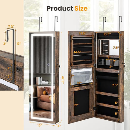 GOFLAME LED Mirror Jewelry Cabinet 42.5”, Wall/Door Mounted Full Length Mirror with Storage, 3-Color Lights, Interior Makeup Mirror, Jewelry Storage Organizer, Lockable Jewelry Armoire, Rustic Brown