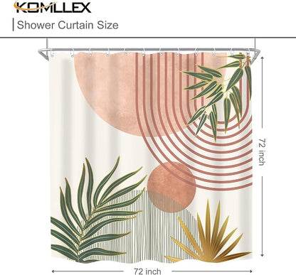 Mid Century Pink Green Boho Abstract Modern Bathroom Shower Curtain Set | 72Wx72L Orange design, waterproof HD print with fast-drying fabric and 12 hooks.