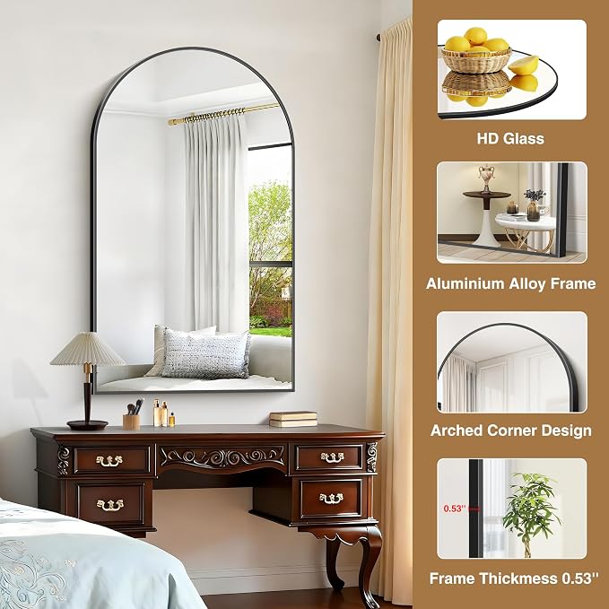 COFENY Arched Mirror, 30’’x50’’ Black Arch Mirror for Bathroom, Arched Bathroom Mirror with Frame, Modern Wall Mounted Mirror for Over Sink Mantle Bedroom Vanity Living Room Entryway