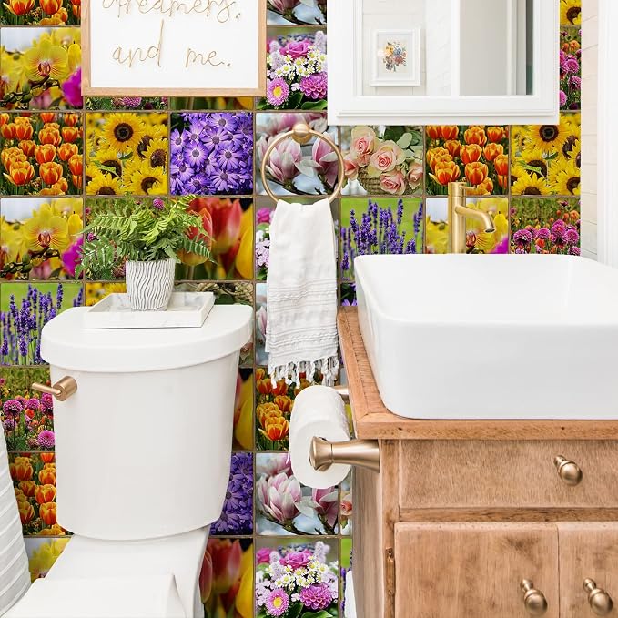 Alwayspon Vinyl Sticker Peel and Stick, Self-Adhesive Wall Tile Transfers Backsplash Sticker Decal for Kitchen Bathroom, 6x6inch/15x15cm 30Pcs, Flowers T039