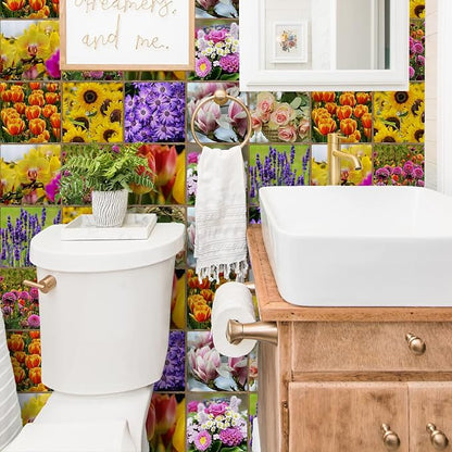 Alwayspon Vinyl Sticker Peel and Stick, Self-Adhesive Wall Tile Transfers Backsplash Sticker Decal for Kitchen Bathroom, 6x6inch/15x15cm 30Pcs, Flowers T039