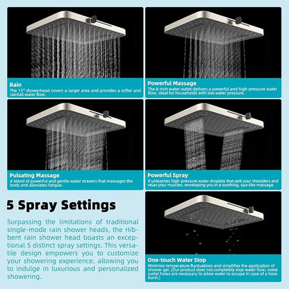 Hibbent Rain Shower Head, 13'' High Pressure Rainfall 5 Spray Mode Showerhead with 16" Shower Head Extension Arm, Brass Adjustable Shower Arm Extender, Waterfall fixed Showerheads, Brushed Nickel