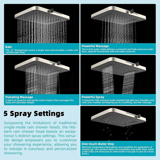 Hibbent Rain Shower Head, 13'' High Pressure Rainfall 5 Spray Mode Showerhead with 16" Shower Head Extension Arm, Brass Adjustable Shower Arm Extender, Waterfall fixed Showerheads, Brushed Nickel
